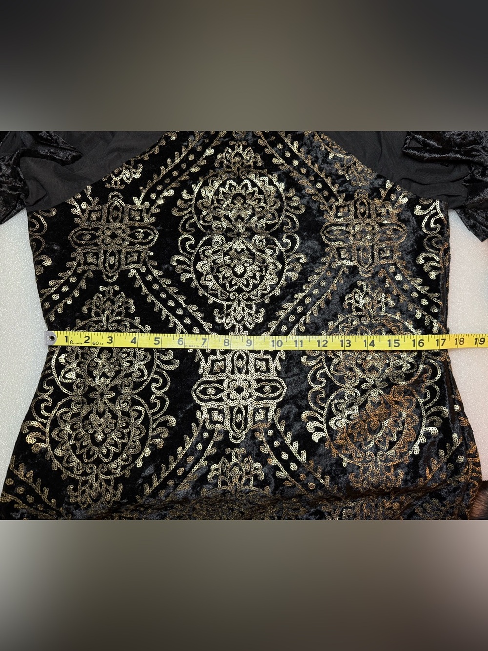 VENUS Gold Sequin Black Velvet Midi Dress Sheer Ruffle Sleeve Side Slit - L - Picture 12 of 15